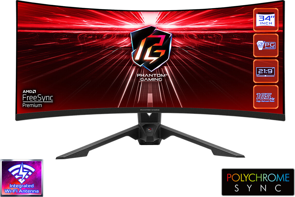 Curved UWQHD Gaming Monitor ASRock Phantom Gaming PG34WQ15R3A 34" 165Hz 4ms VA OLED Flicker free Curved