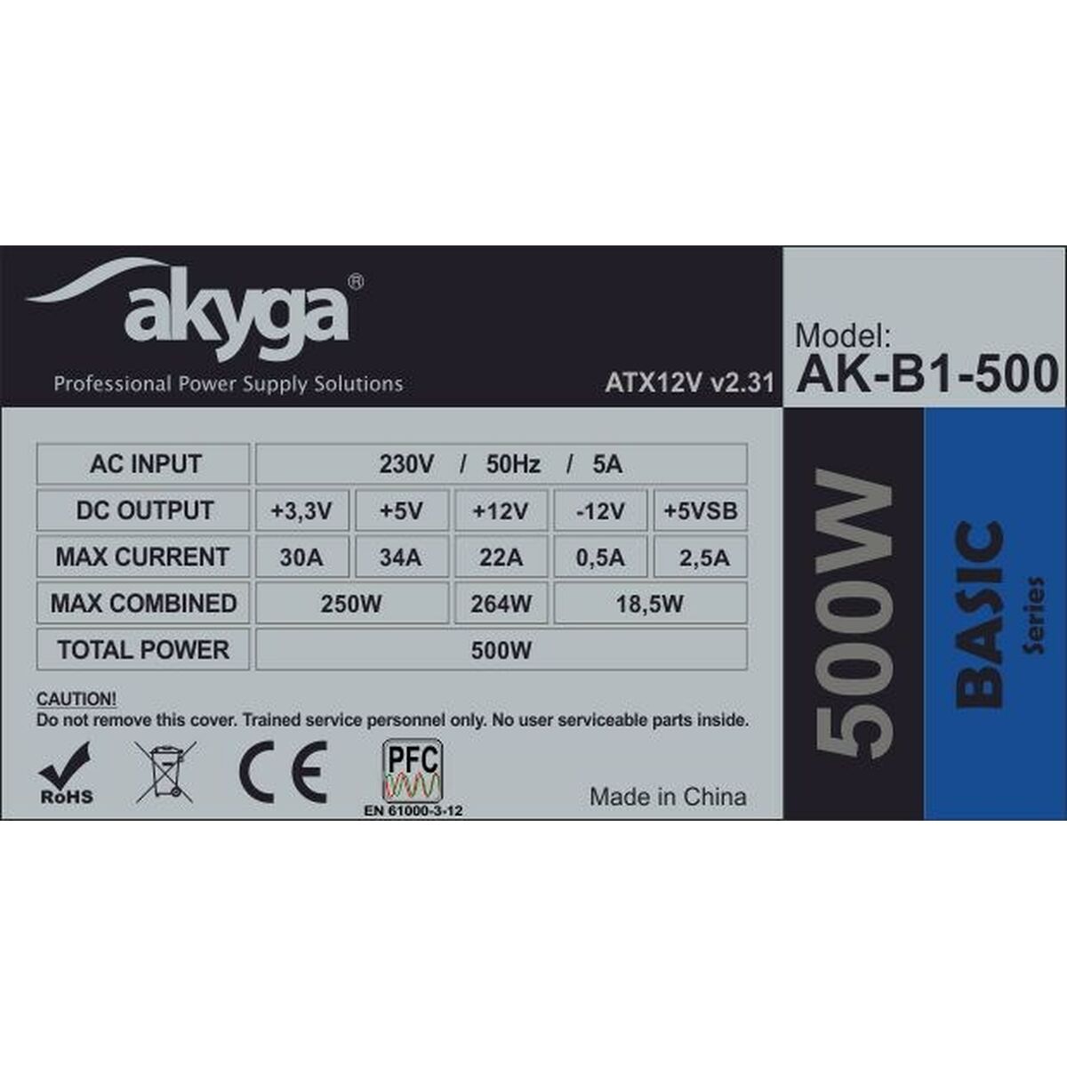 Power source Akyga AK-B1-500 500W RoHS CE Wired ATX