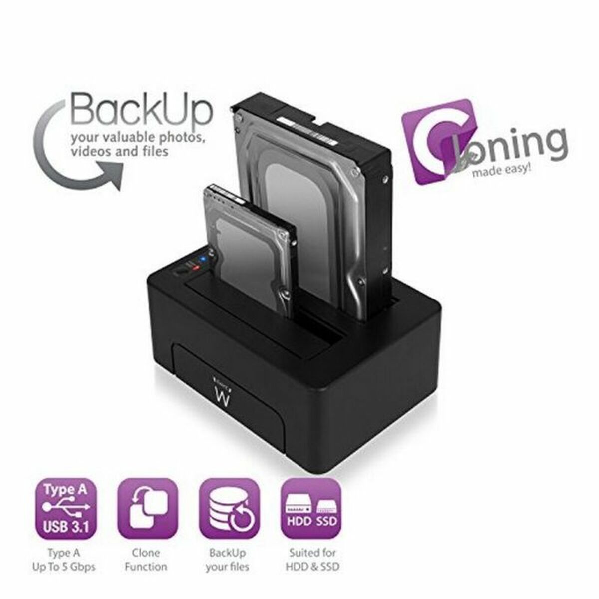 Dual Docking Station Ewent AAACET0186 Dual 2.5"-3.5" USB 3.1 ABS Black