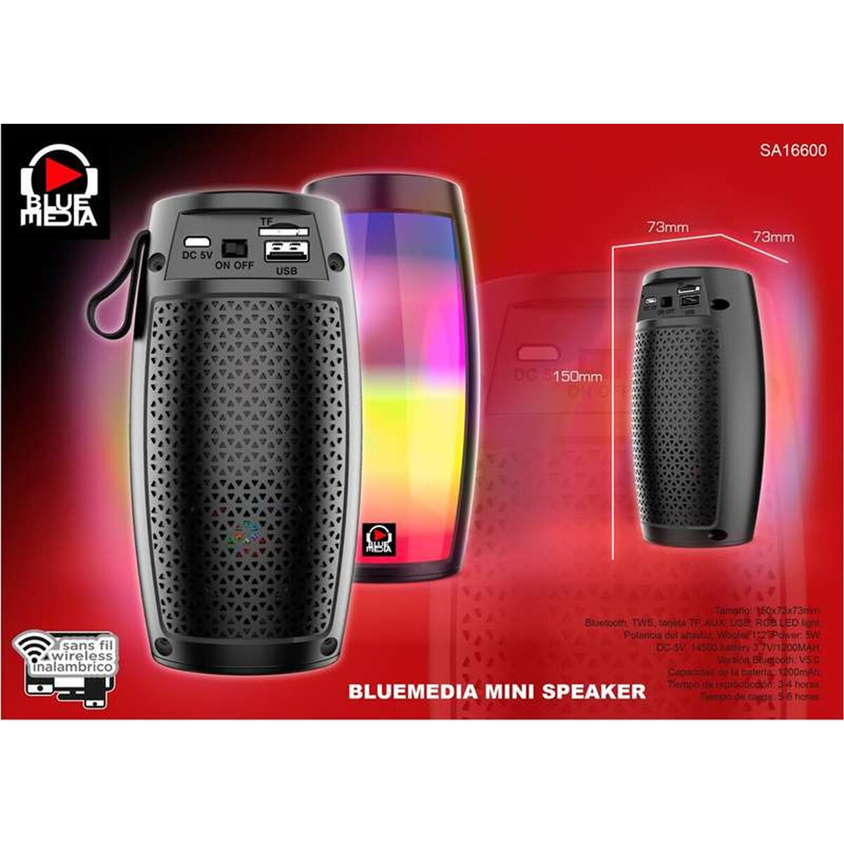 Bluetooth speaker Reig USB 5W 16 x 8.2 x 8.2 cm